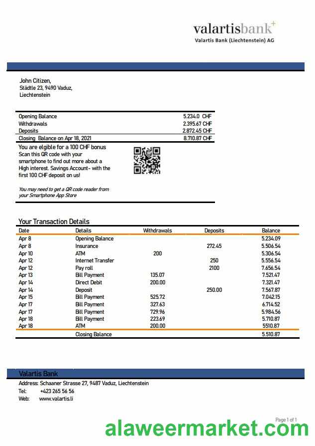 Liechtenstein Valartis bank statement